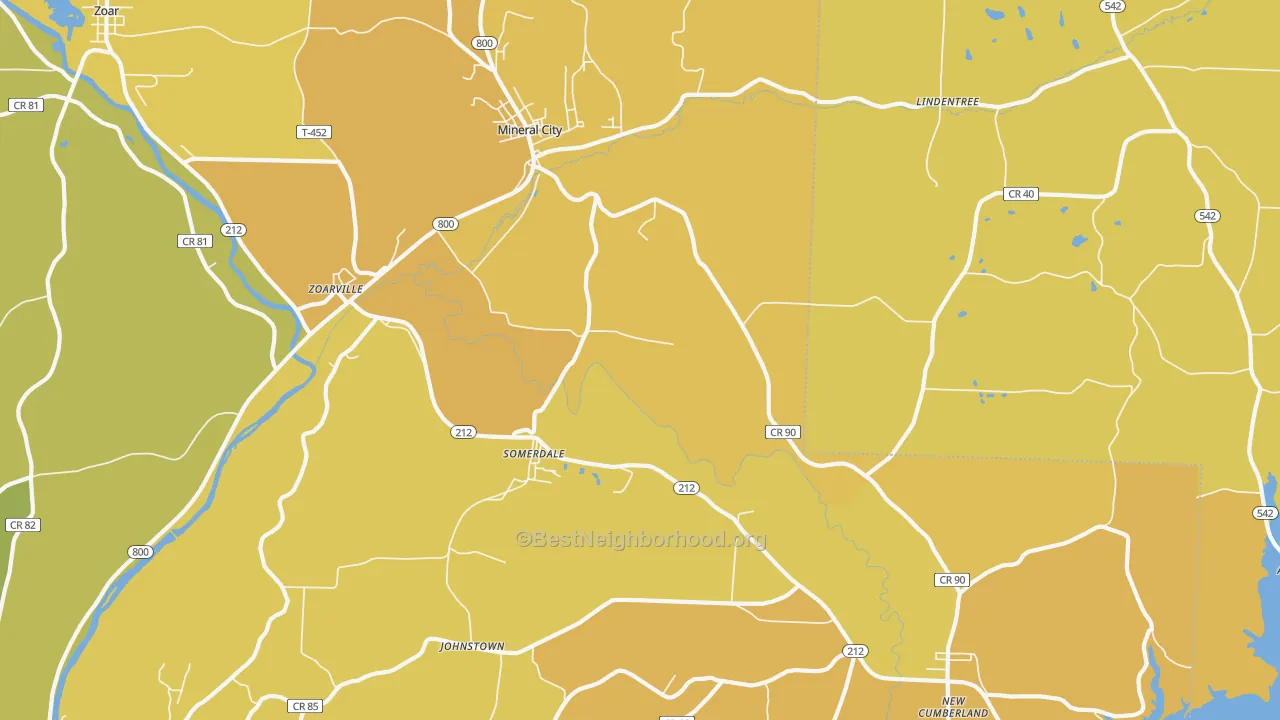 Map of the best neighborhoods in the Mineral City area, with better matches in green and worse matches in red