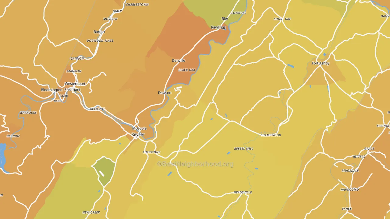Map of the best neighborhoods in the Mineral County area, with better matches in green and worse matches in red