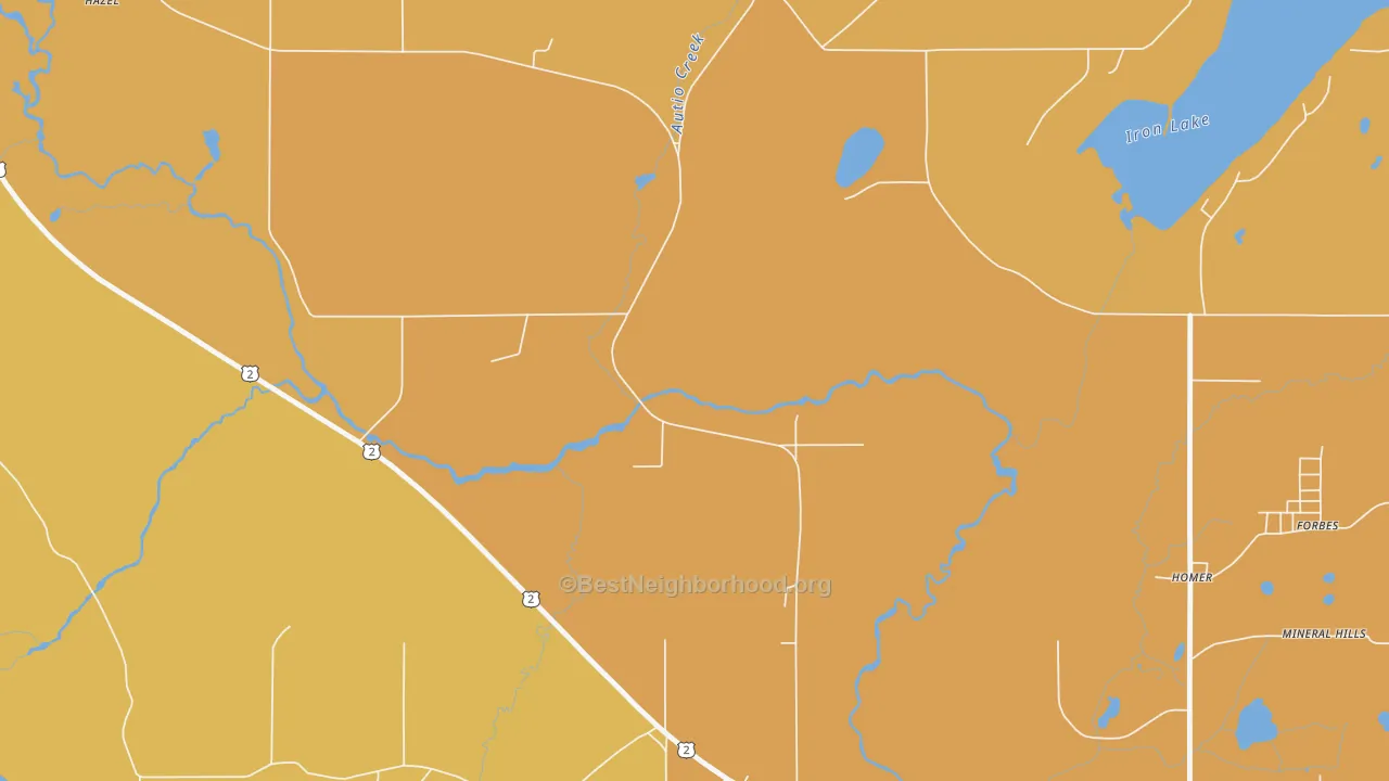 Map of the best neighborhoods in the Mineral Hills area, with better matches in green and worse matches in red