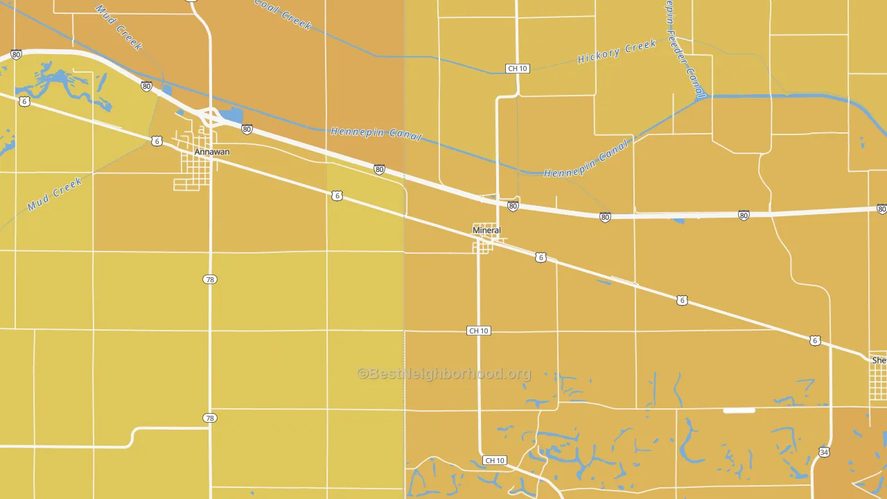 Map of the best neighborhoods in the Mineral area, with better matches in green and worse matches in red