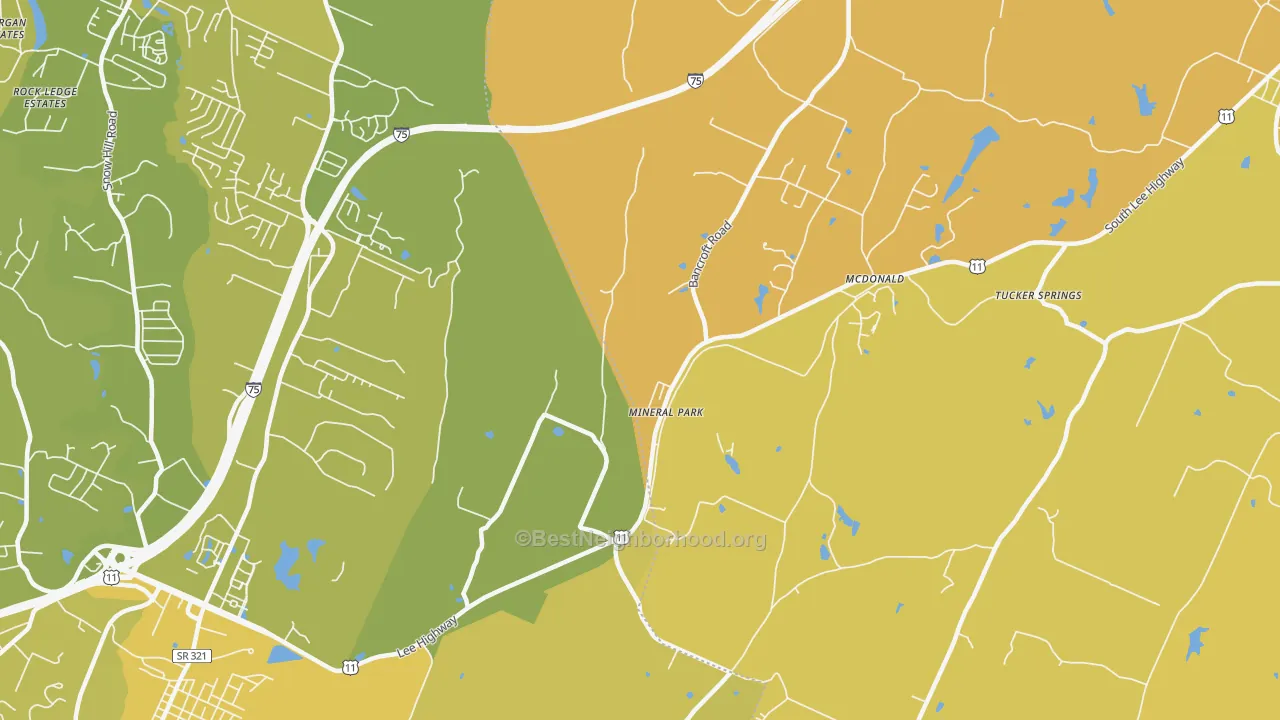 Map of the best neighborhoods in the Mineral Park area, with better matches in green and worse matches in red