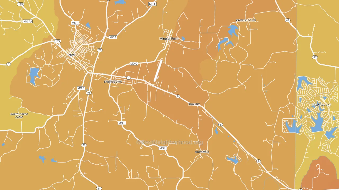 Map of the best neighborhoods in the Mineral Point area, with better matches in green and worse matches in red