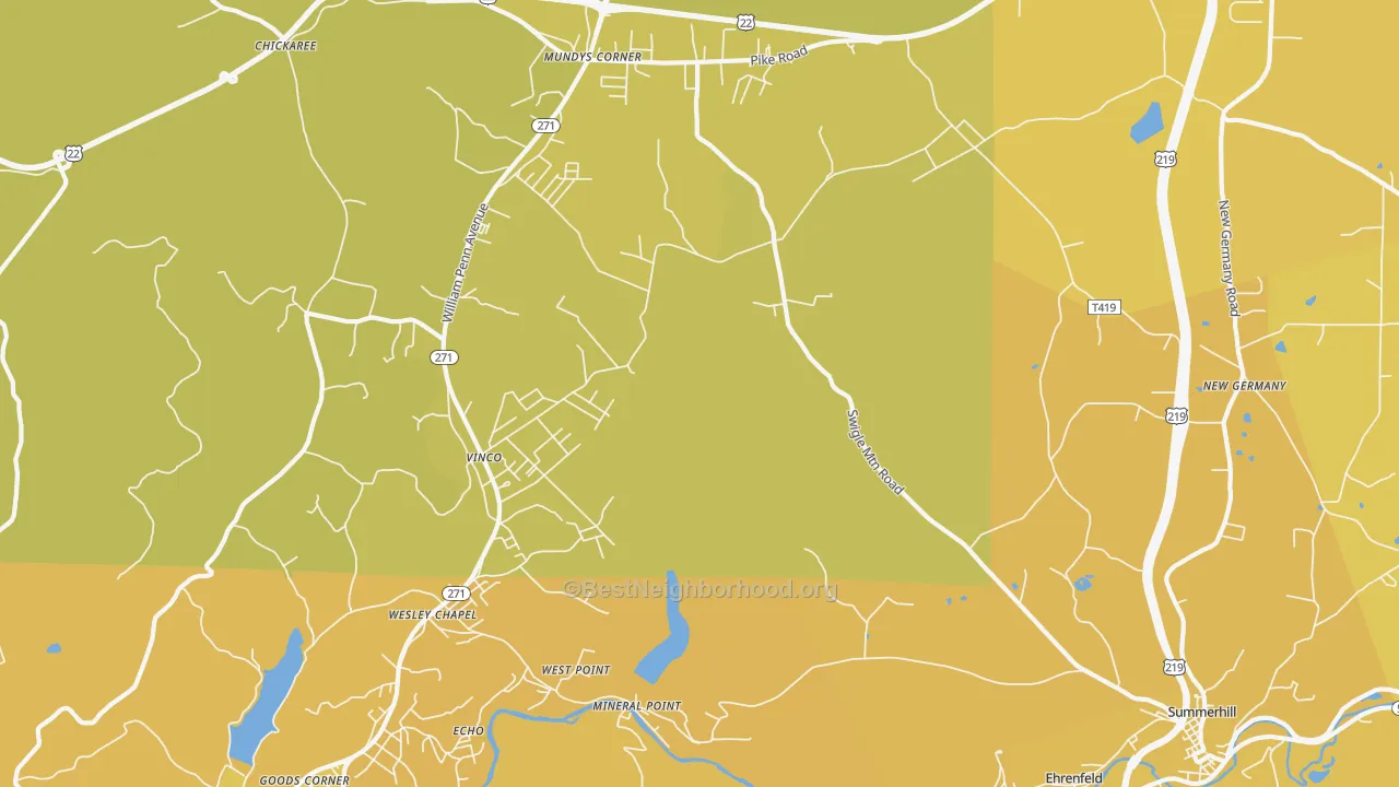 Map of the best neighborhoods in the Mineral Point area, with better matches in green and worse matches in red