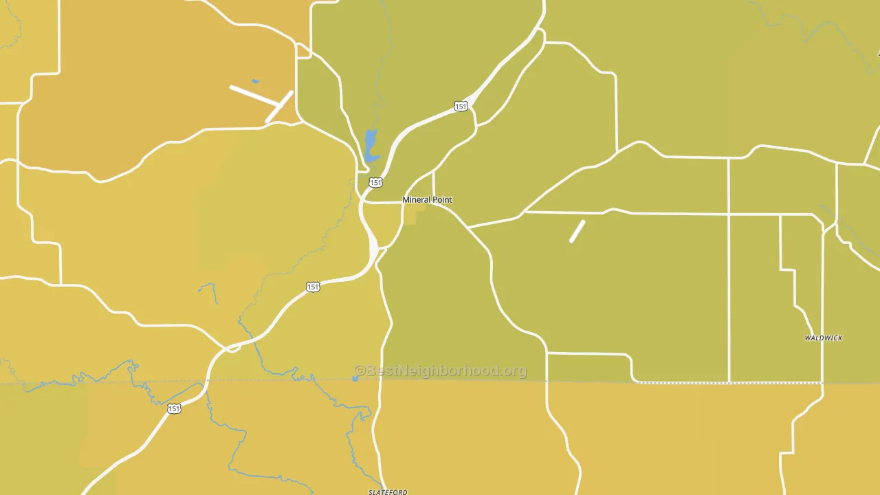 Map of the best neighborhoods in the Mineral Point area, with better matches in green and worse matches in red