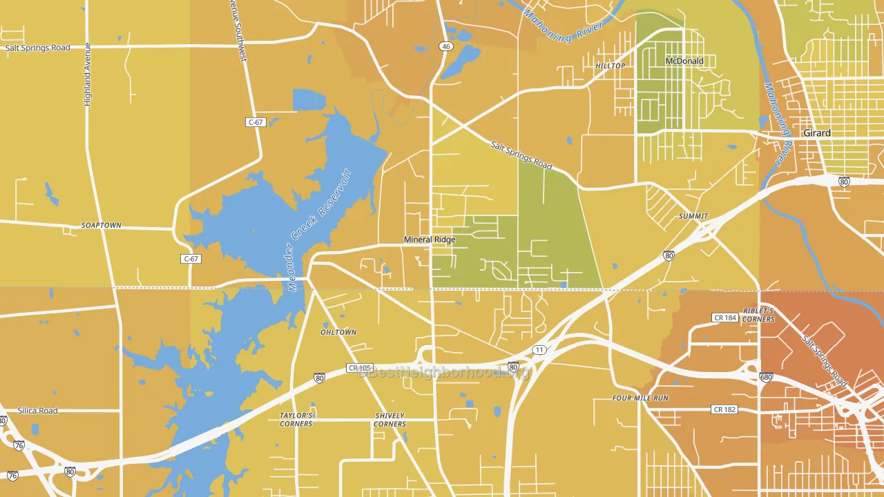 Map of the best neighborhoods in the Mineral Ridge area, with better matches in green and worse matches in red