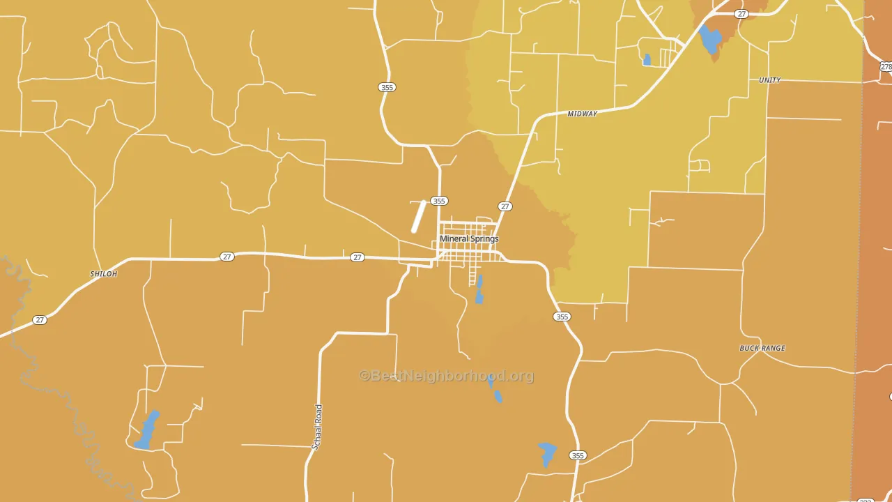 Map of the best neighborhoods in the Mineral Springs area, with better matches in green and worse matches in red