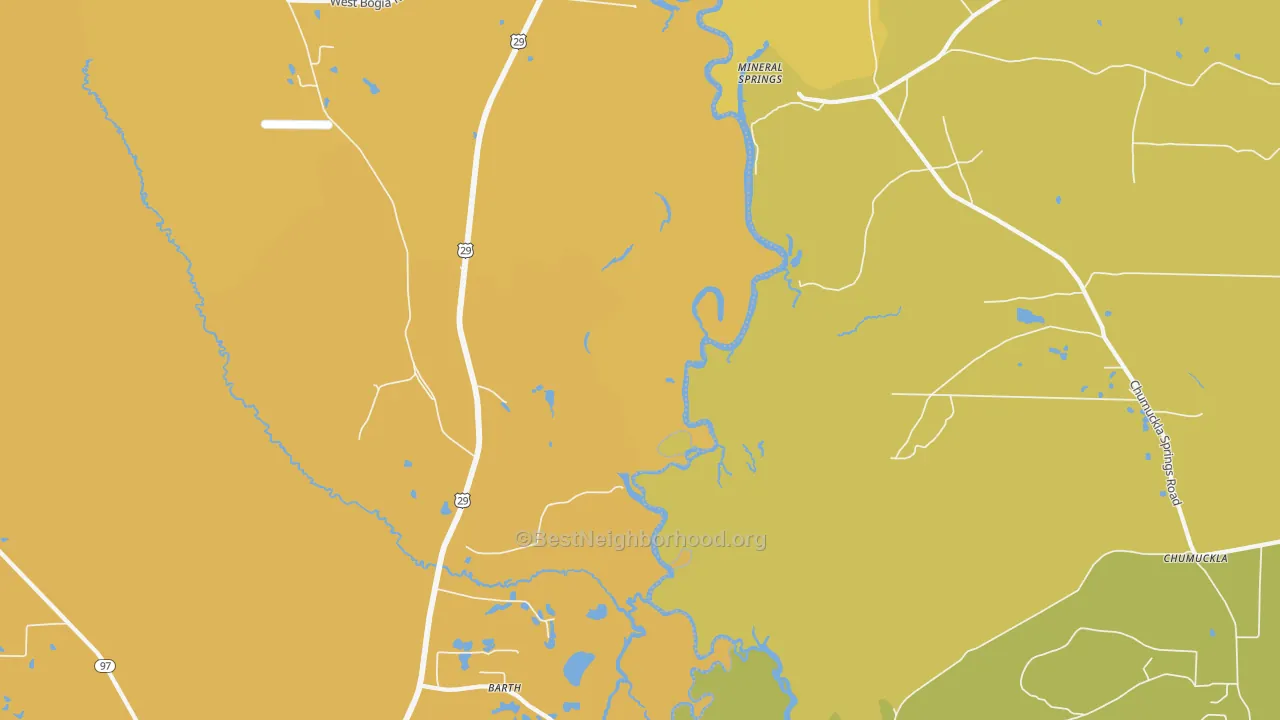 Map of the best neighborhoods in the Mineral Springs area, with better matches in green and worse matches in red