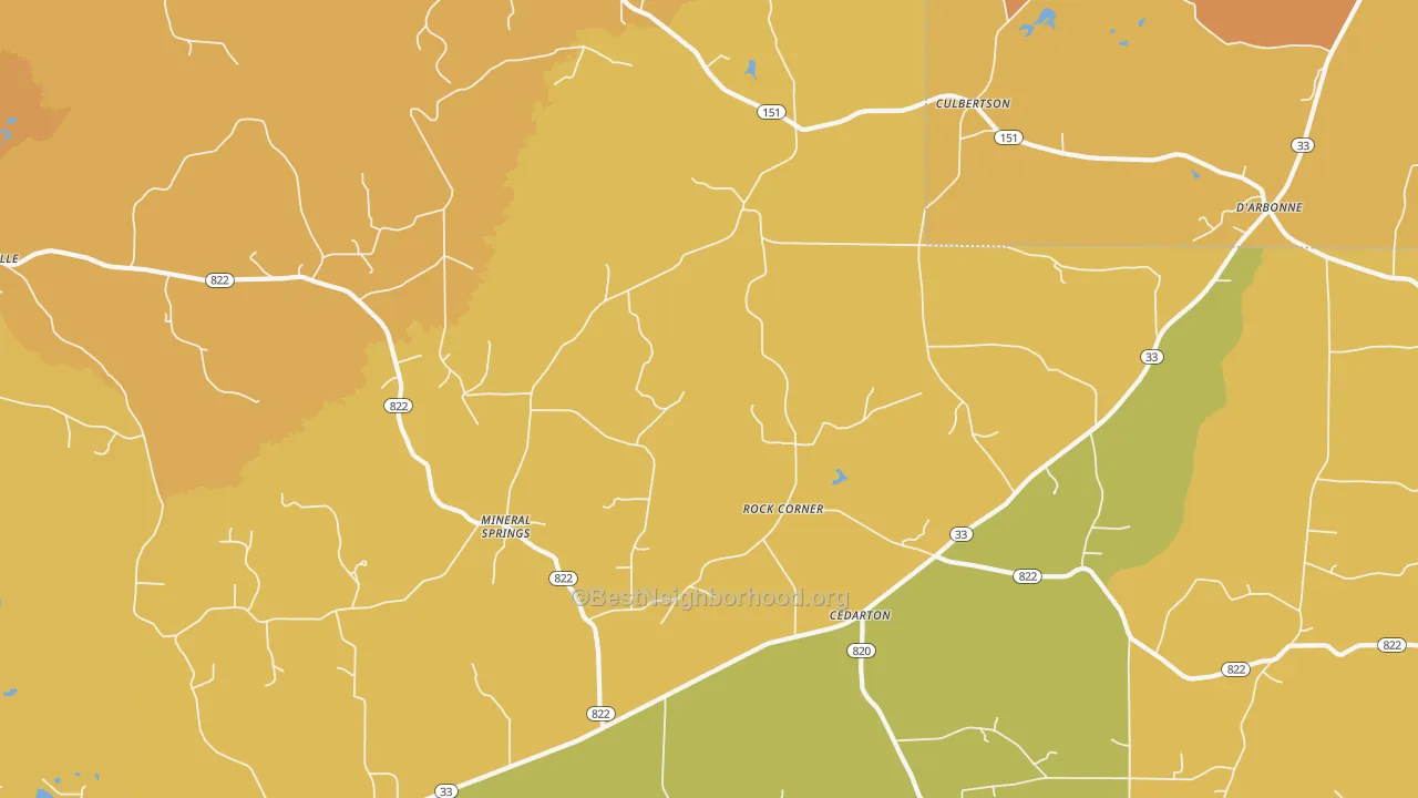 Map of the best neighborhoods in the Mineral Springs area, with better matches in green and worse matches in red