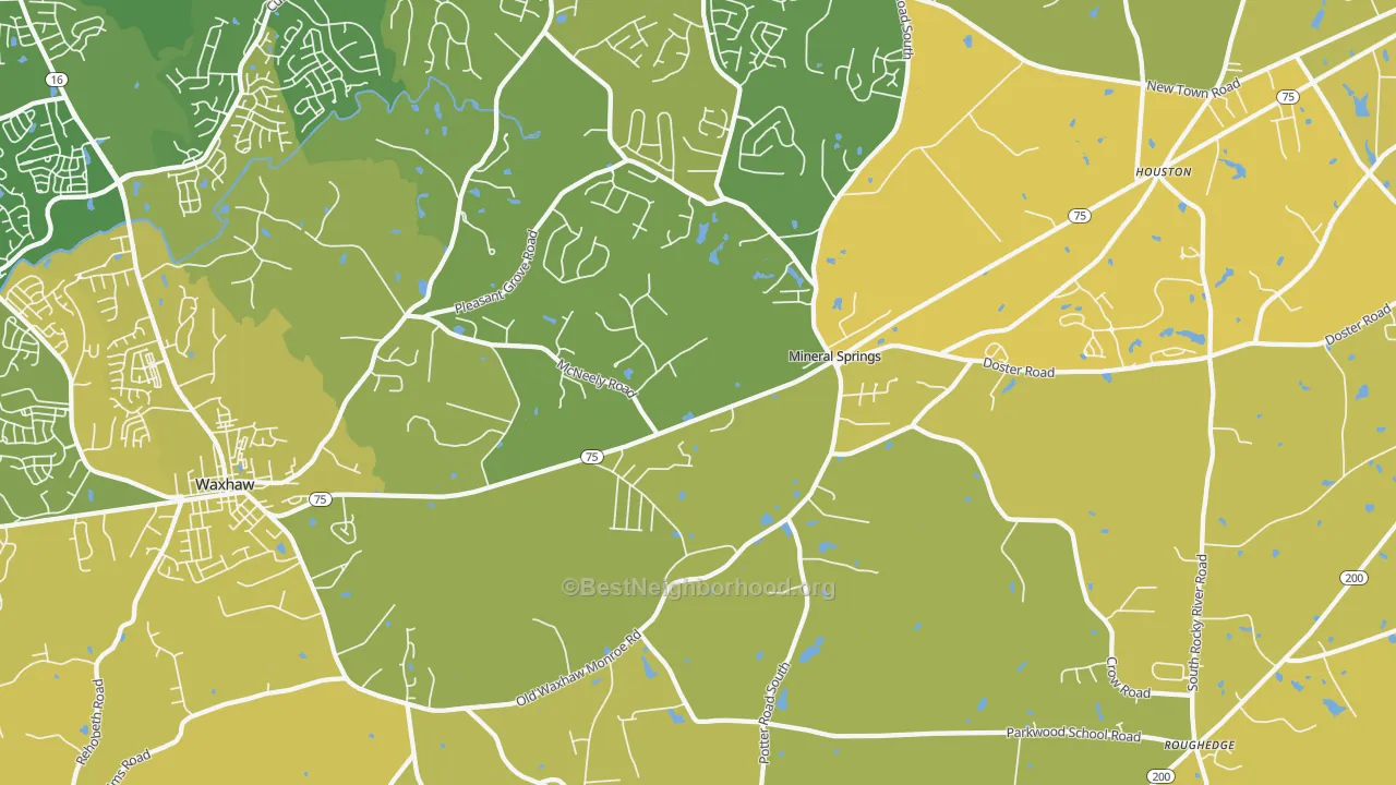 Map of the best neighborhoods in the Mineral Springs area, with better matches in green and worse matches in red