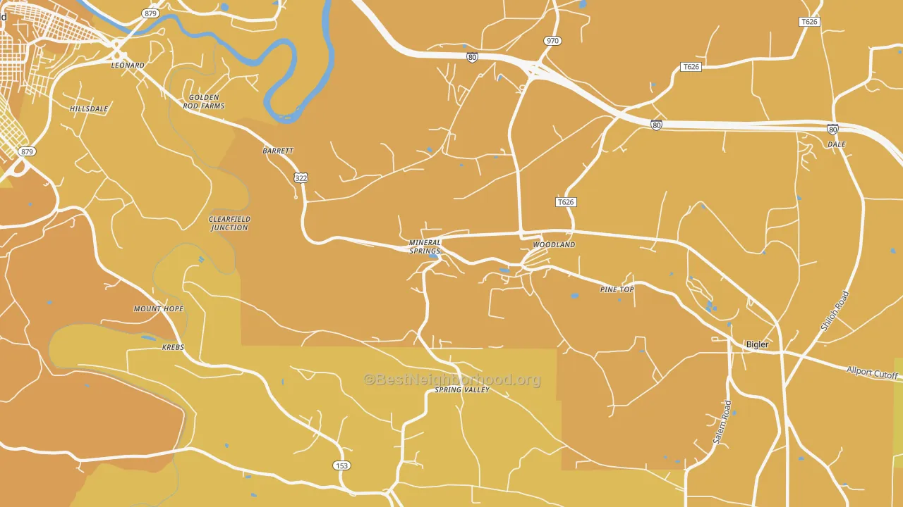 Map of the best neighborhoods in the Mineral Springs area, with better matches in green and worse matches in red