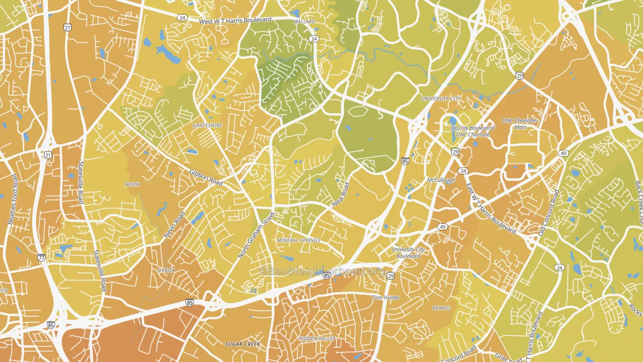 Map of the best neighborhoods in the Mineral Springs-Rumble Road, Charlotte area, with better matches in green and worse matches in red