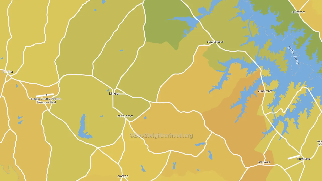Map of the best neighborhoods in the Mineral area, with better matches in green and worse matches in red
