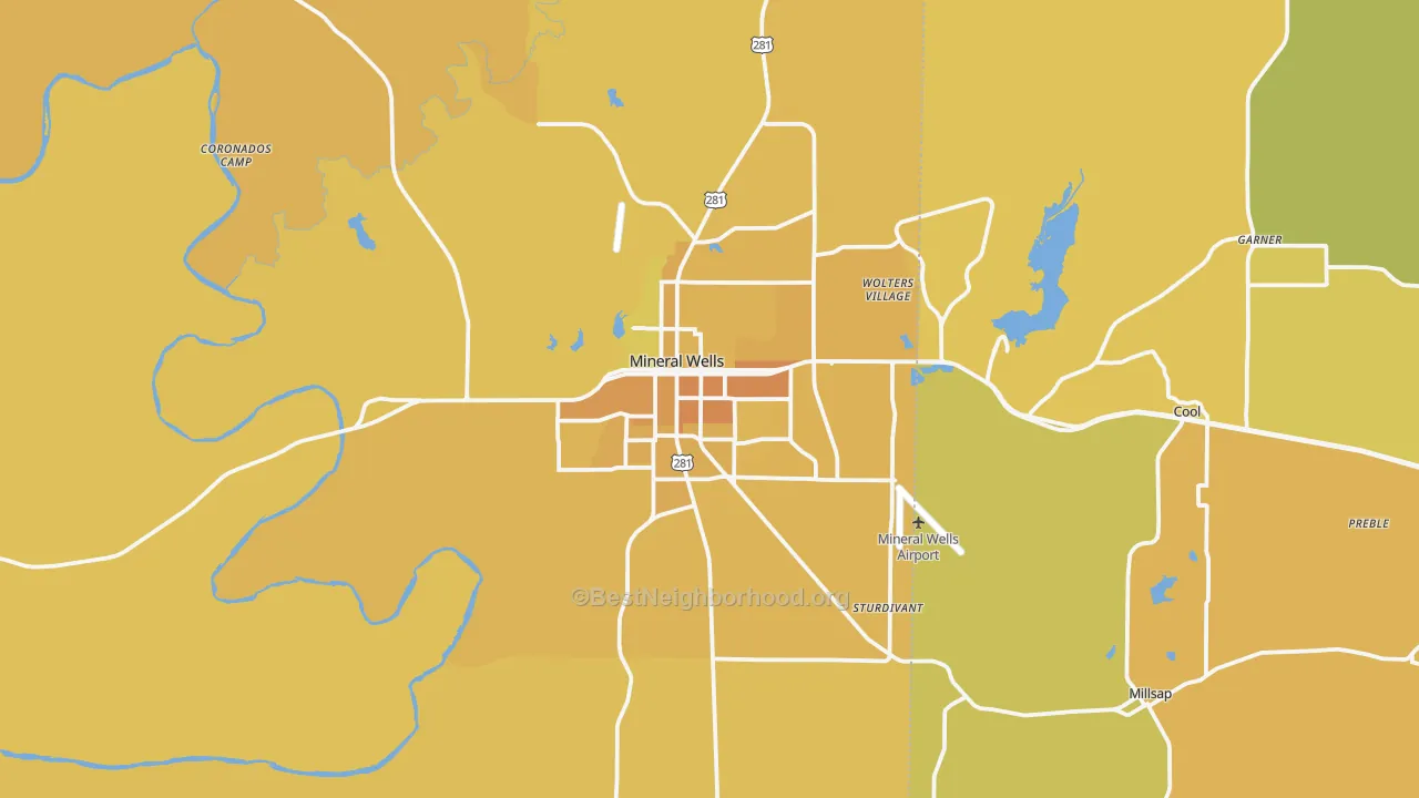 Map of the best neighborhoods in the Mineral Wells area, with better matches in green and worse matches in red