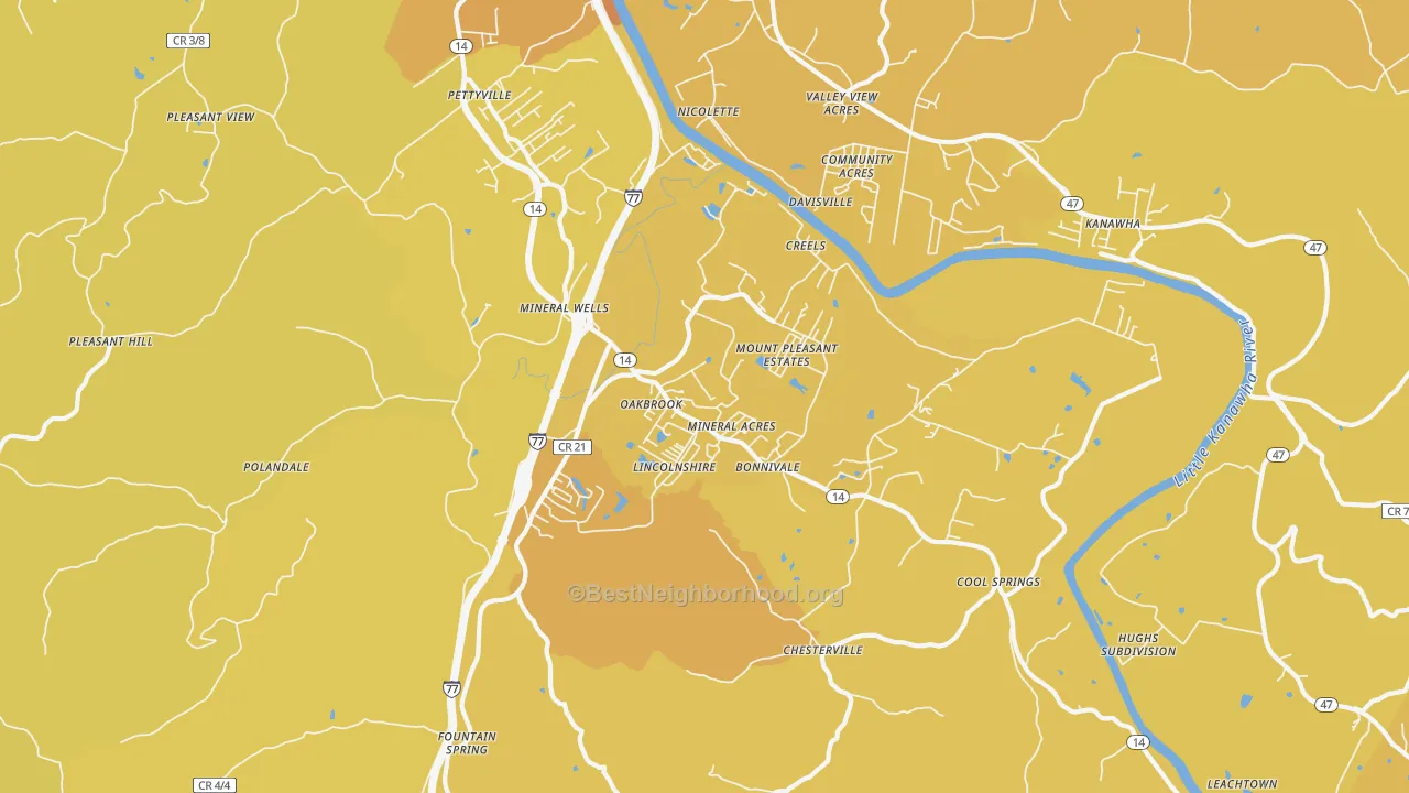 Map of the best neighborhoods in the Mineralwells area, with better matches in green and worse matches in red