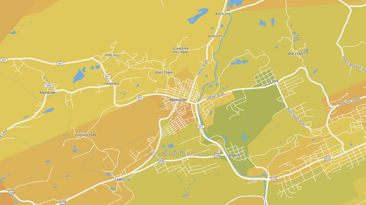 Map of the best neighborhoods in the Minersville area, with better matches in green and worse matches in red