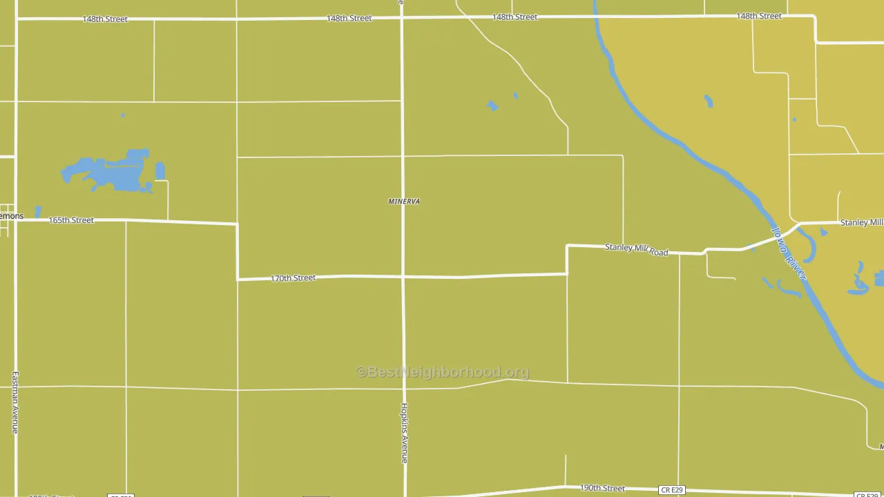 Map of the best neighborhoods in the Minerva area, with better matches in green and worse matches in red