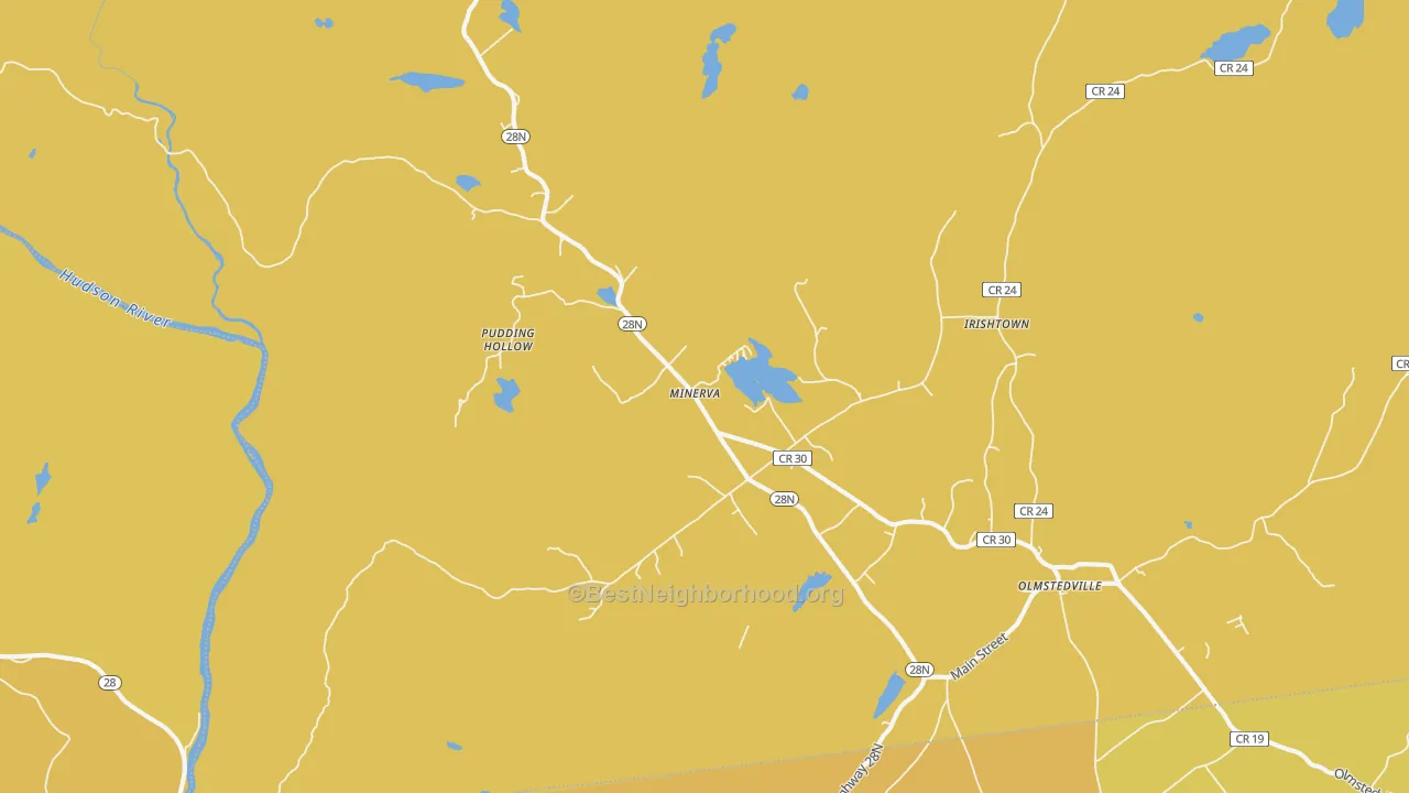 Map of the best neighborhoods in the Minerva area, with better matches in green and worse matches in red