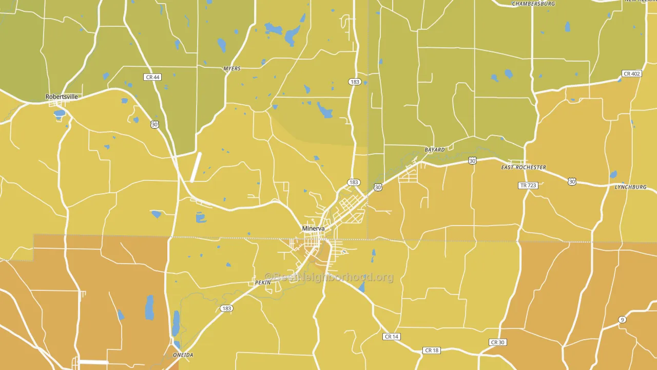 Map of the best neighborhoods in the Minerva area, with better matches in green and worse matches in red
