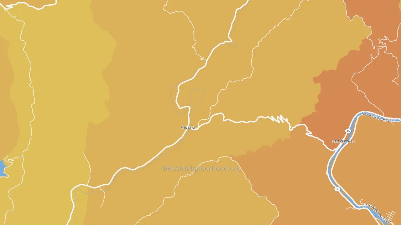 Map of the best neighborhoods in the Minerva area, with better matches in green and worse matches in red