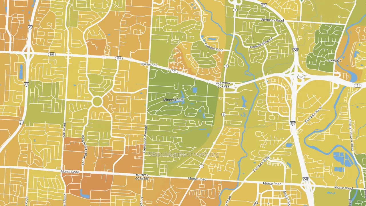 Map of the best neighborhoods in the Minerva Park area, with better matches in green and worse matches in red