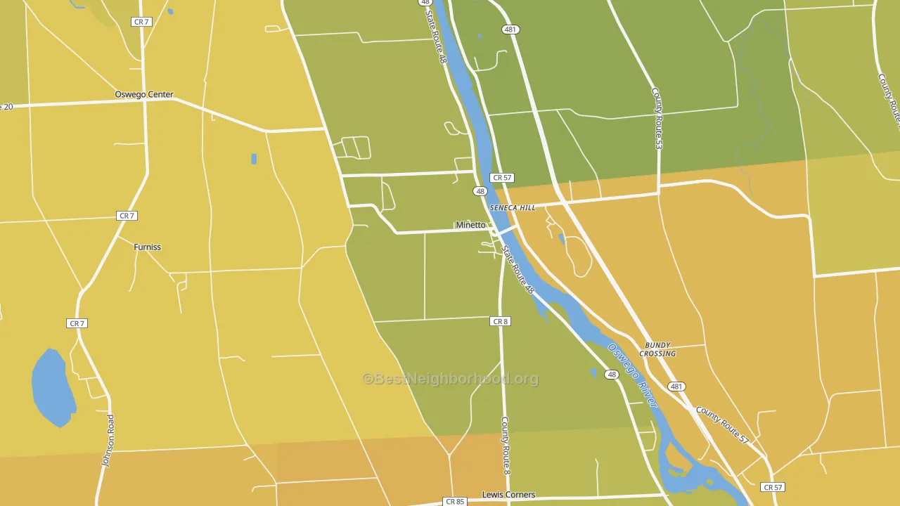 Map of the best neighborhoods in the Minetto area, with better matches in green and worse matches in red