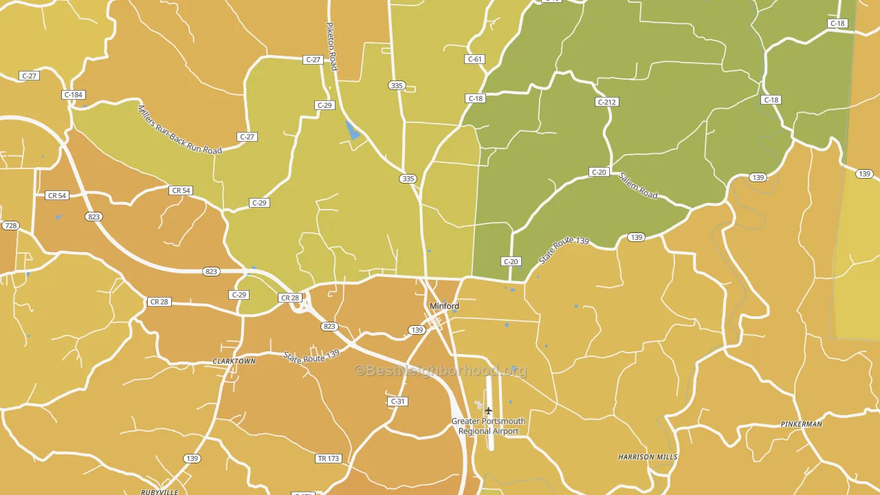 Map of the best neighborhoods in the Minford area, with better matches in green and worse matches in red