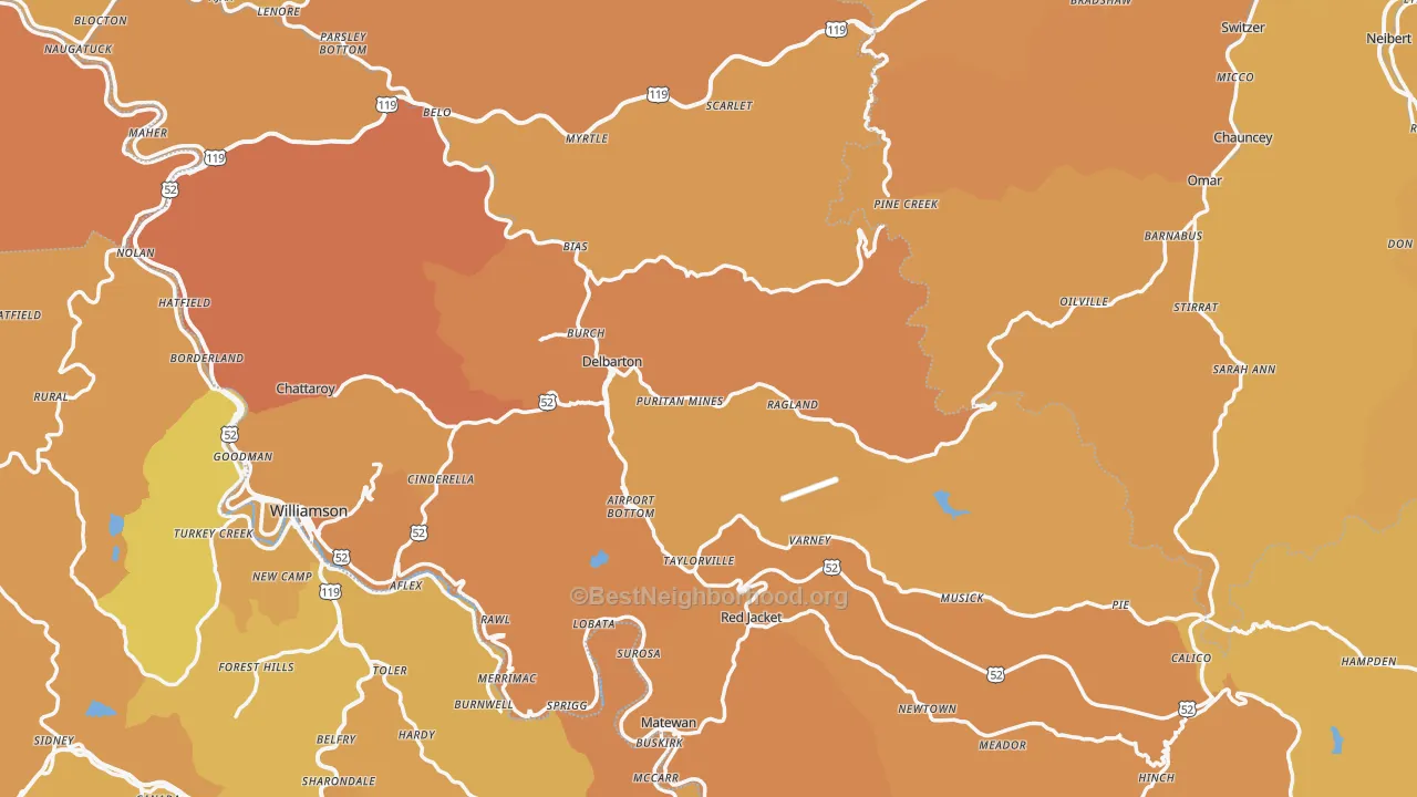 Map of the best neighborhoods in the Mingo County area, with better matches in green and worse matches in red