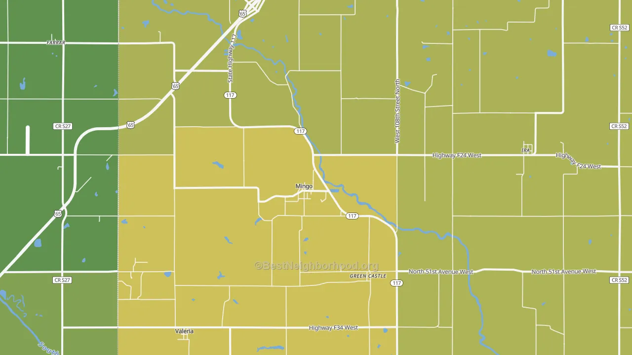 Map of the best neighborhoods in the Mingo area, with better matches in green and worse matches in red