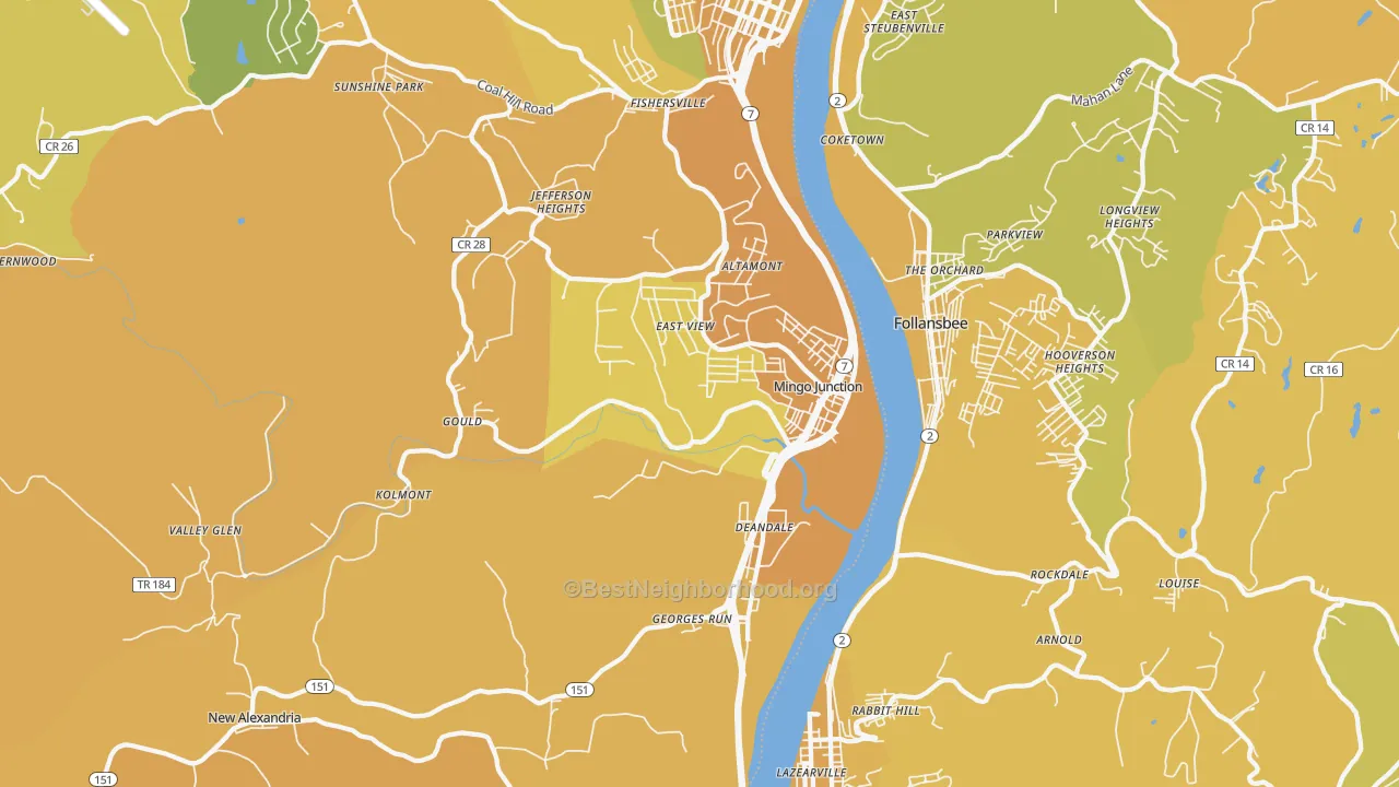Map of the best neighborhoods in the Mingo Junction area, with better matches in green and worse matches in red