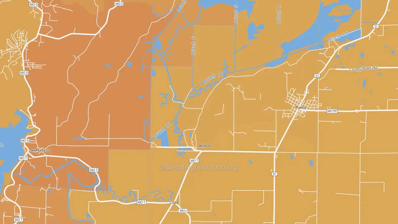 Map of the best neighborhoods in the Mingo area, with better matches in green and worse matches in red