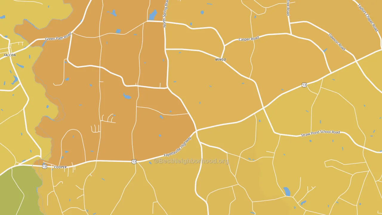 Map of the best neighborhoods in the Mingo area, with better matches in green and worse matches in red