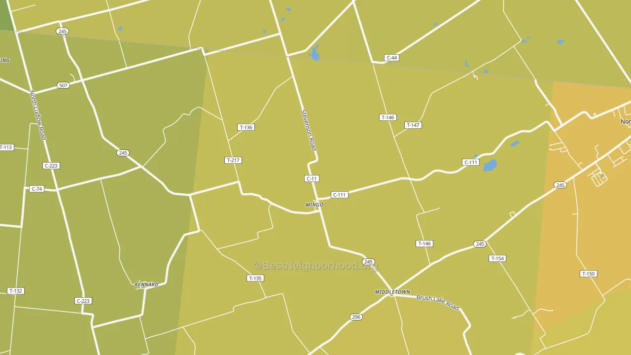 Map of the best neighborhoods in the Mingo area, with better matches in green and worse matches in red