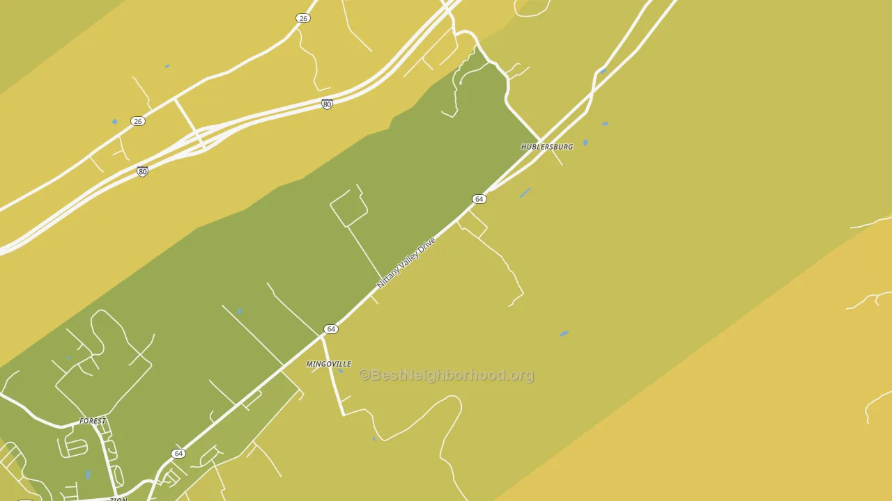 Map of the best neighborhoods in the Mingoville area, with better matches in green and worse matches in red