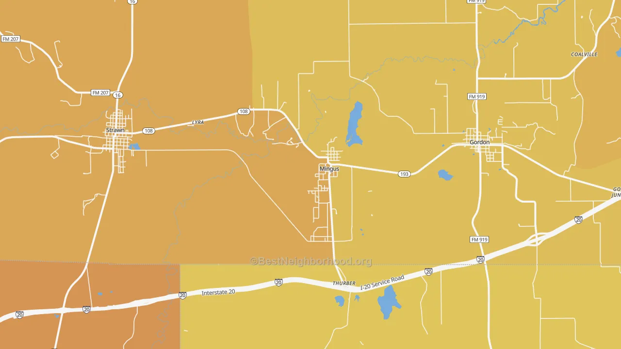 Map of the best neighborhoods in the Mingus area, with better matches in green and worse matches in red