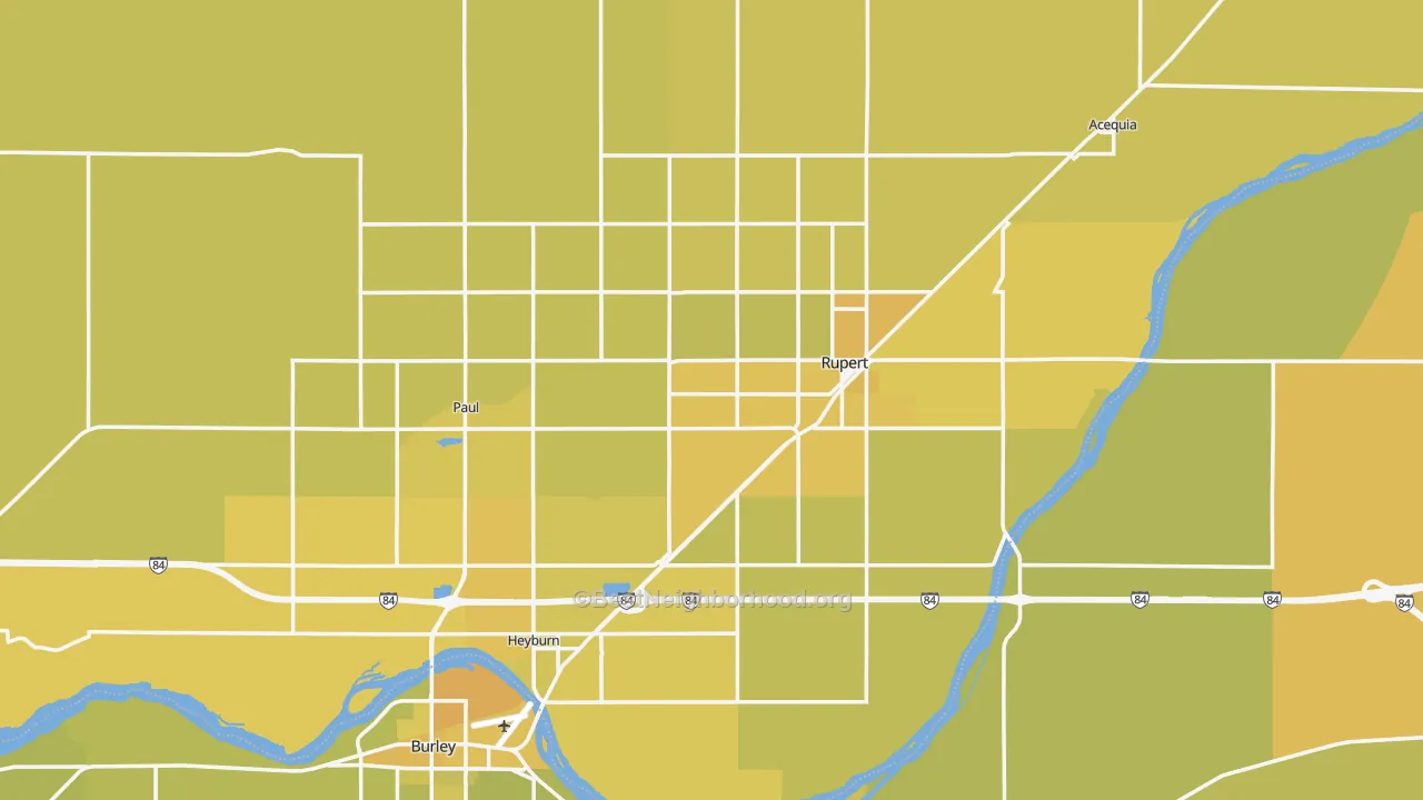 Map of the best neighborhoods in the Minidoka County area, with better matches in green and worse matches in red