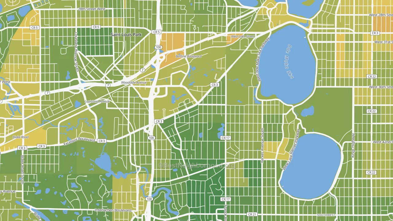Map of the best neighborhoods in the Minikahda Vista, St. Louis Park area, with better matches in green and worse matches in red