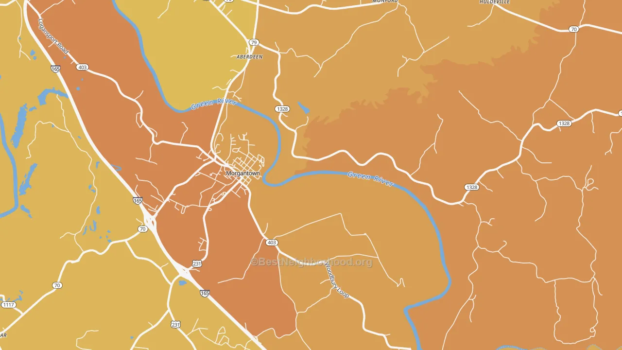 Map of the best neighborhoods in the Mining City area, with better matches in green and worse matches in red