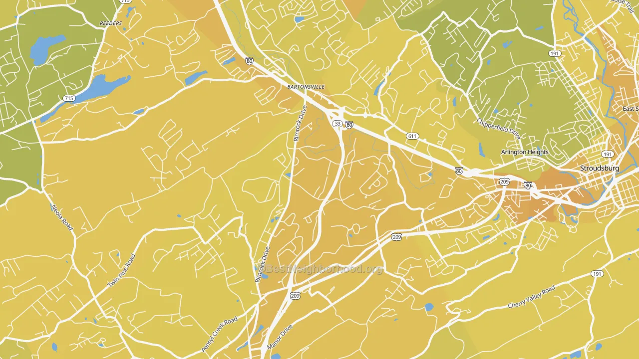 Map of the best neighborhoods in the Minisink Hills area, with better matches in green and worse matches in red