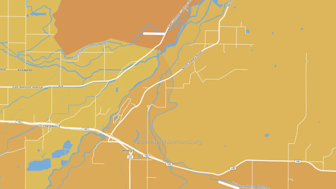 Map of the best neighborhoods in the Minkler area, with better matches in green and worse matches in red