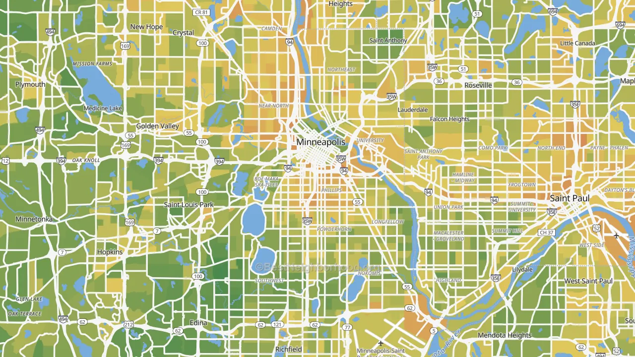 Neighborhood map of the Minneapolis and Saint Paul area, with better matches shaded green and worse matches shaded red