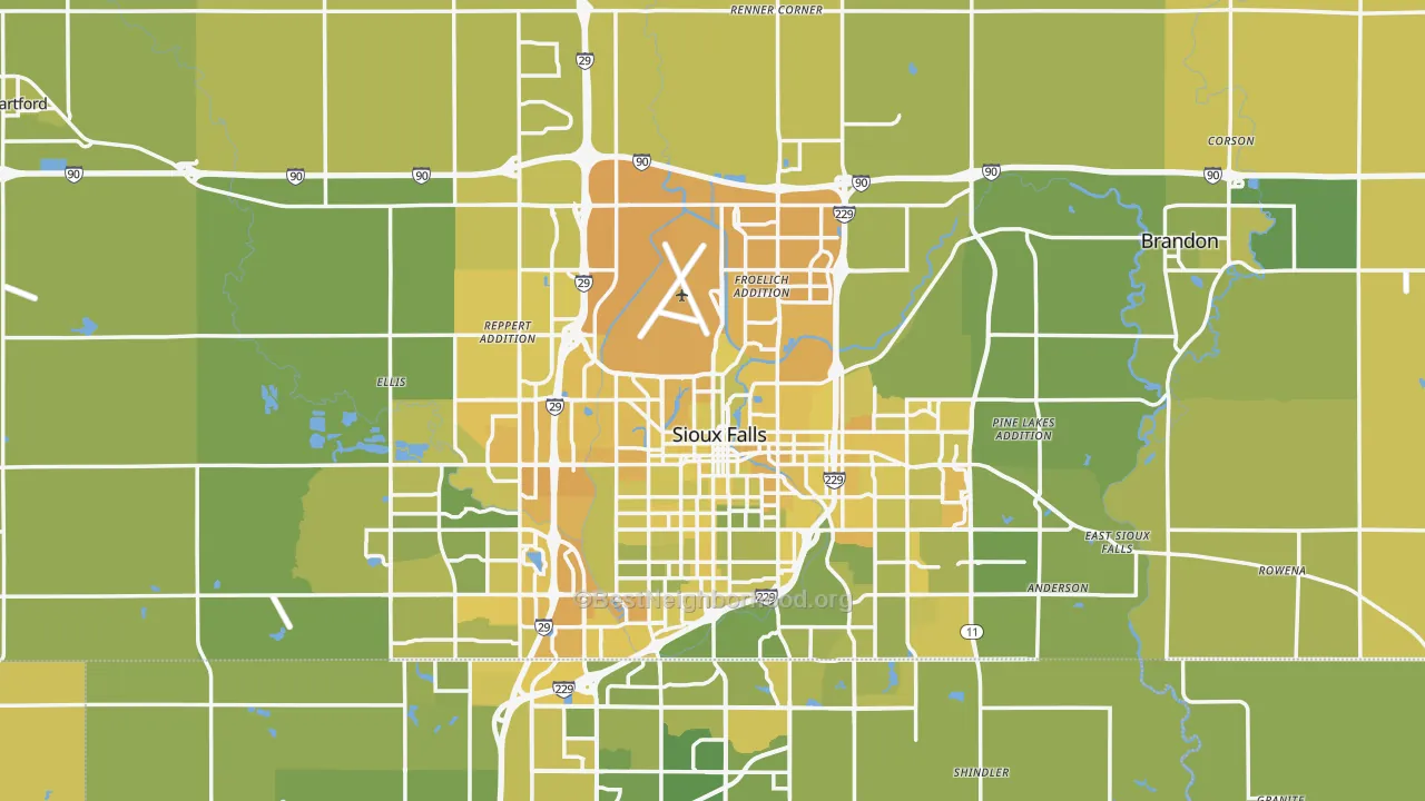 Map of the best neighborhoods in the Minnehaha County area, with better matches in green and worse matches in red