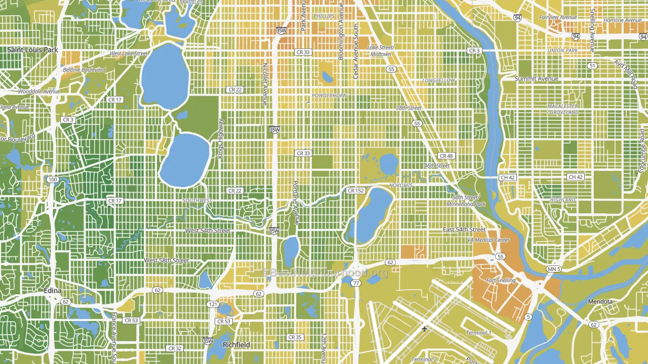 Map of the best neighborhoods in the Minnehaha, Minneapolis area, with better matches in green and worse matches in red