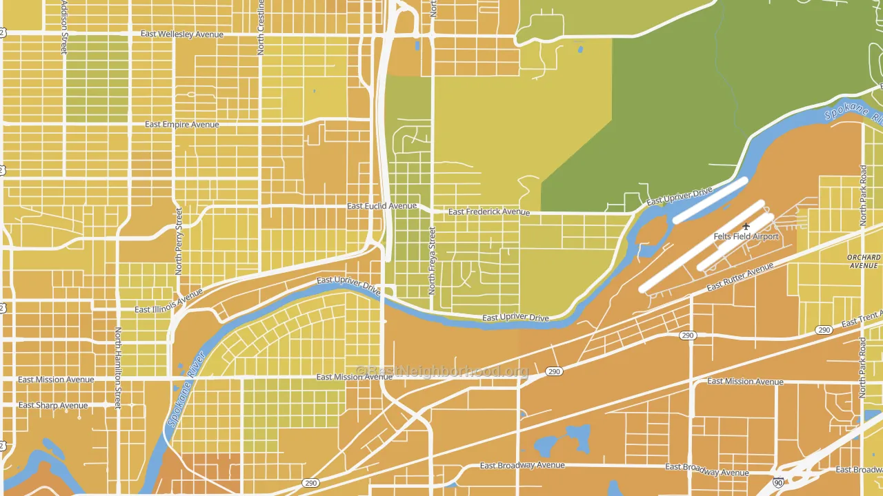 Map of the best neighborhoods in the Minnehaha, Spokane area, with better matches in green and worse matches in red