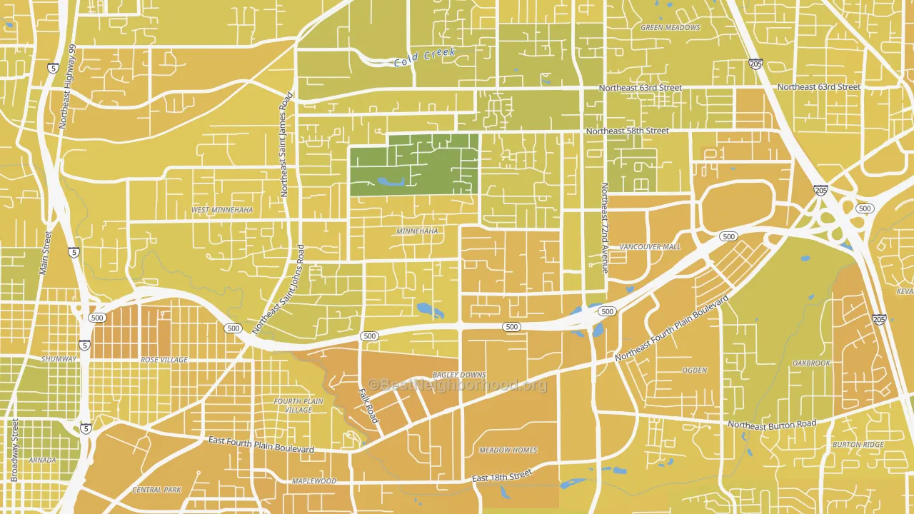 Map of the best neighborhoods in the Minnehaha area, with better matches in green and worse matches in red