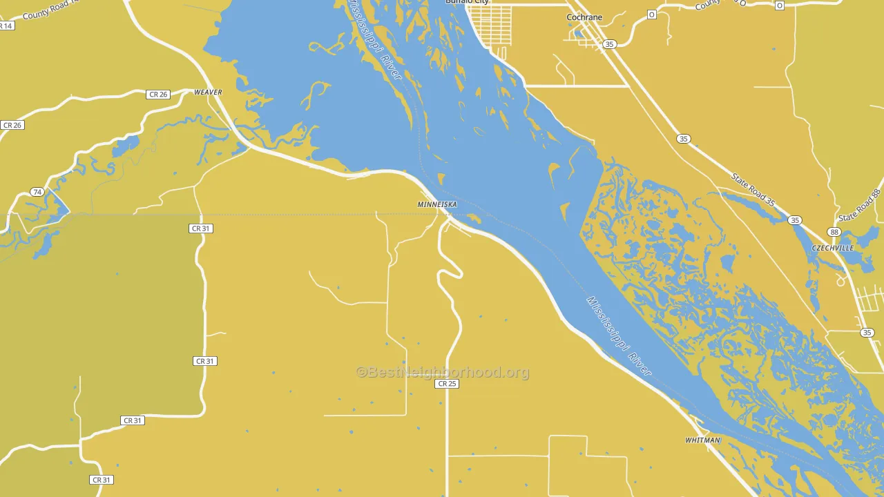 Map of the best neighborhoods in the Minneiska area, with better matches in green and worse matches in red