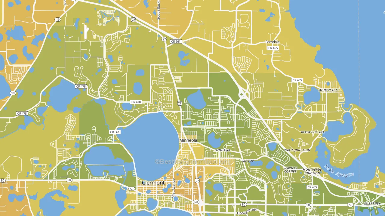 Map of the best neighborhoods in the Minneola area, with better matches in green and worse matches in red