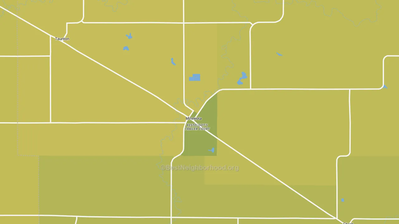 Map of the best neighborhoods in the Minneota area, with better matches in green and worse matches in red