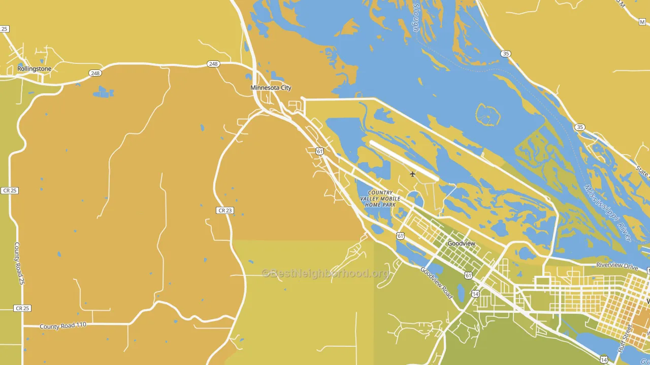 Map of the best neighborhoods in the Minnesota City area, with better matches in green and worse matches in red