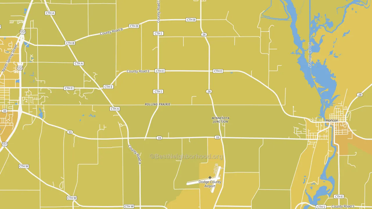 Map of the best neighborhoods in the Minnesota Junction area, with better matches in green and worse matches in red