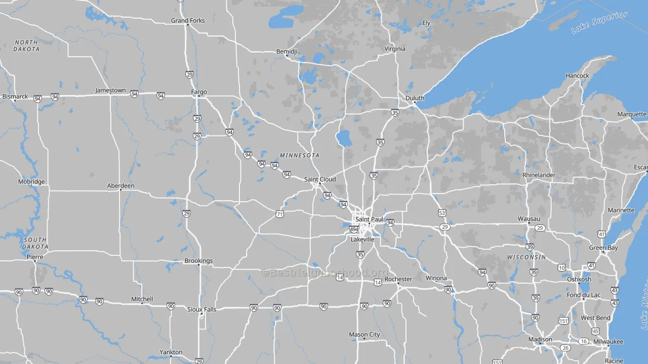 Map of the best neighborhoods in the Minnesota area, with better matches in green and worse matches in red